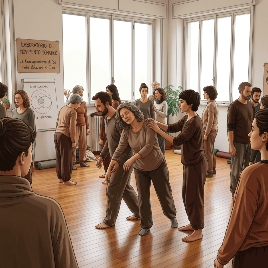 Participants practicing somatic movement in a bright studio, with Italian workshop notes displayed